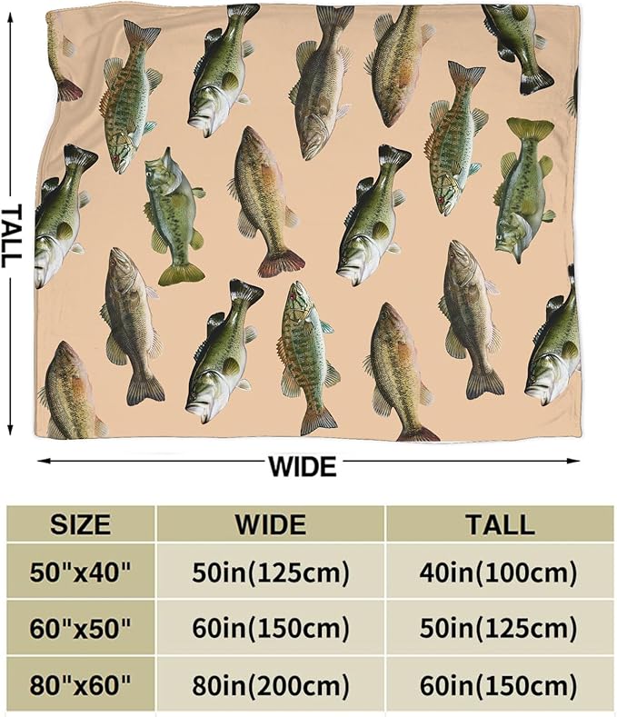 Fish Bass Blanket Decor Gifts for Fishing Lovers Flannel Fleece Fuzzy Throw Blanket Soft Warm Cozy Plush Ocean Animal Blanket for Bed Couch Living Room Stuffed Decoration for Kids Adult Man 60"x50"