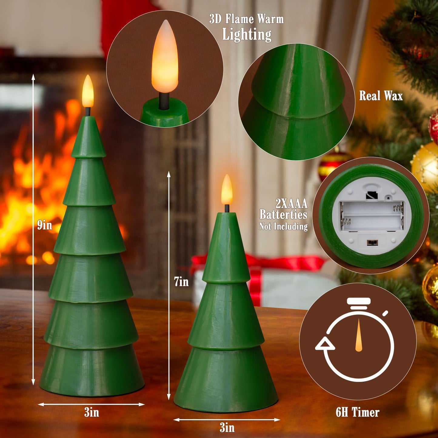 Yongmao Christmas Tree Shaped Flickering Flameless Candles, Green Real Wax Battery Operated LED Candles with Timer for Home Party Table Decoration Christmas Gift Set of 2