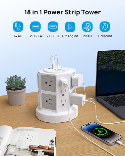 TROND Tower Surge Protector Power Strip with 14 Widely Spaced Outlets, 4 USB Ports(2 USB C), 2100J Surge Protection, 6 Feet Extension Cord with Multiple Outlets, Office Desk Supplies, Dorm Essentials