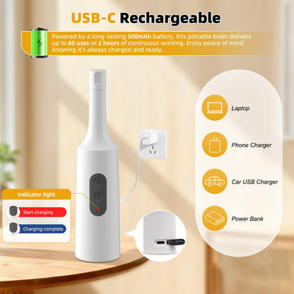 Hibbent Portable Bidet for Travel, High Pressure Electric Handheld Bidet Sprayer, 350-550ML Expandable Bottle for Personal Hygiene, USB-C Rechargeable Waterproof, Travel Sprayer for Women & Men, White