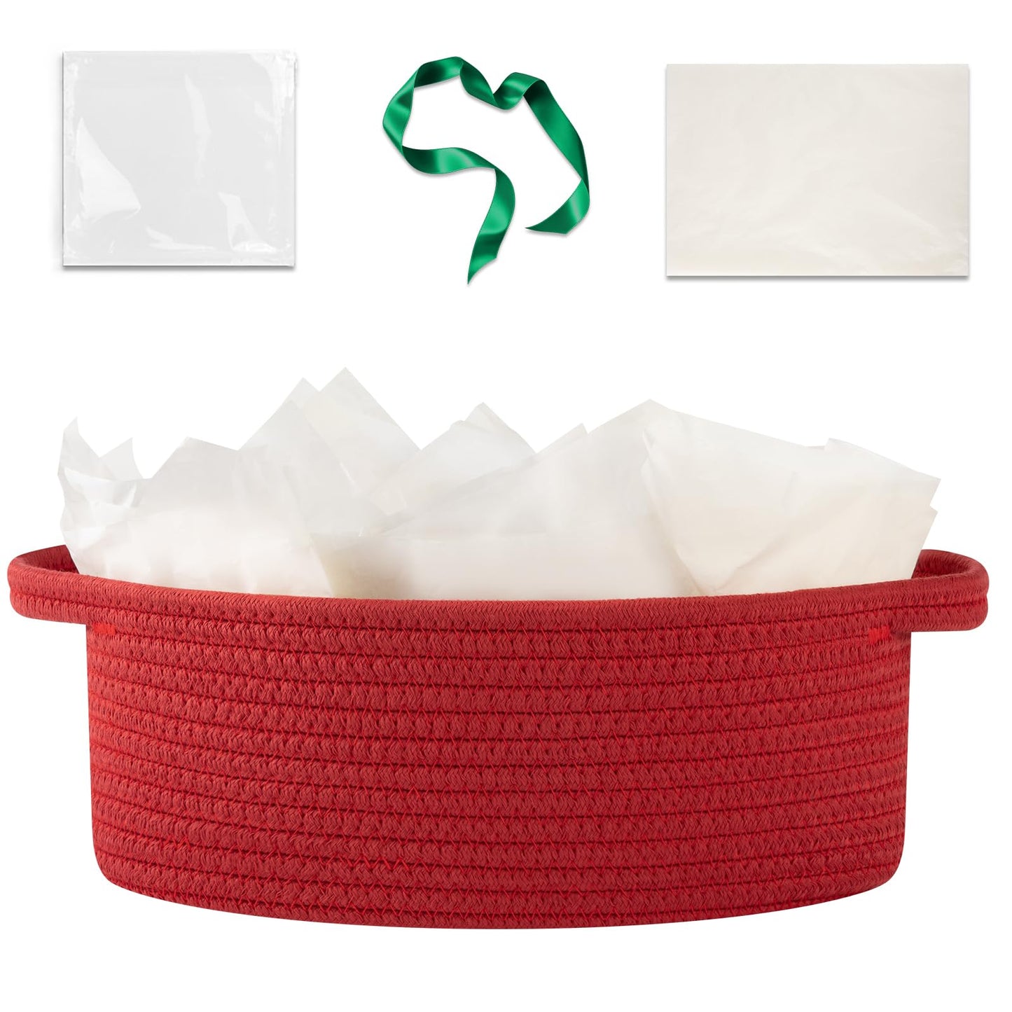 OIAHOMY Gift Basket with Handle, Small Woven Basket with Gift Bag, Ribbon and Wrap Tissue Paper, Nursery Bins Empty to Fill with Small Items, Baby, Pet Toy Organizer - Red