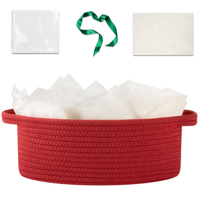 OIAHOMY Gift Basket with Handle, Small Woven Basket with Gift Bag, Ribbon and Wrap Tissue Paper, Nursery Bins Empty to Fill with Small Items, Baby, Pet Toy Organizer - Red