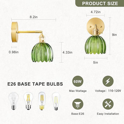 Wall Sconces Set of Two Hardwired, Vintage Wall Sconce Light with Tulip Green Glass Lampshade, Bathroom Wall Sconces with Switch, Gold Wall Light Sconces Wall Decor Set of 2