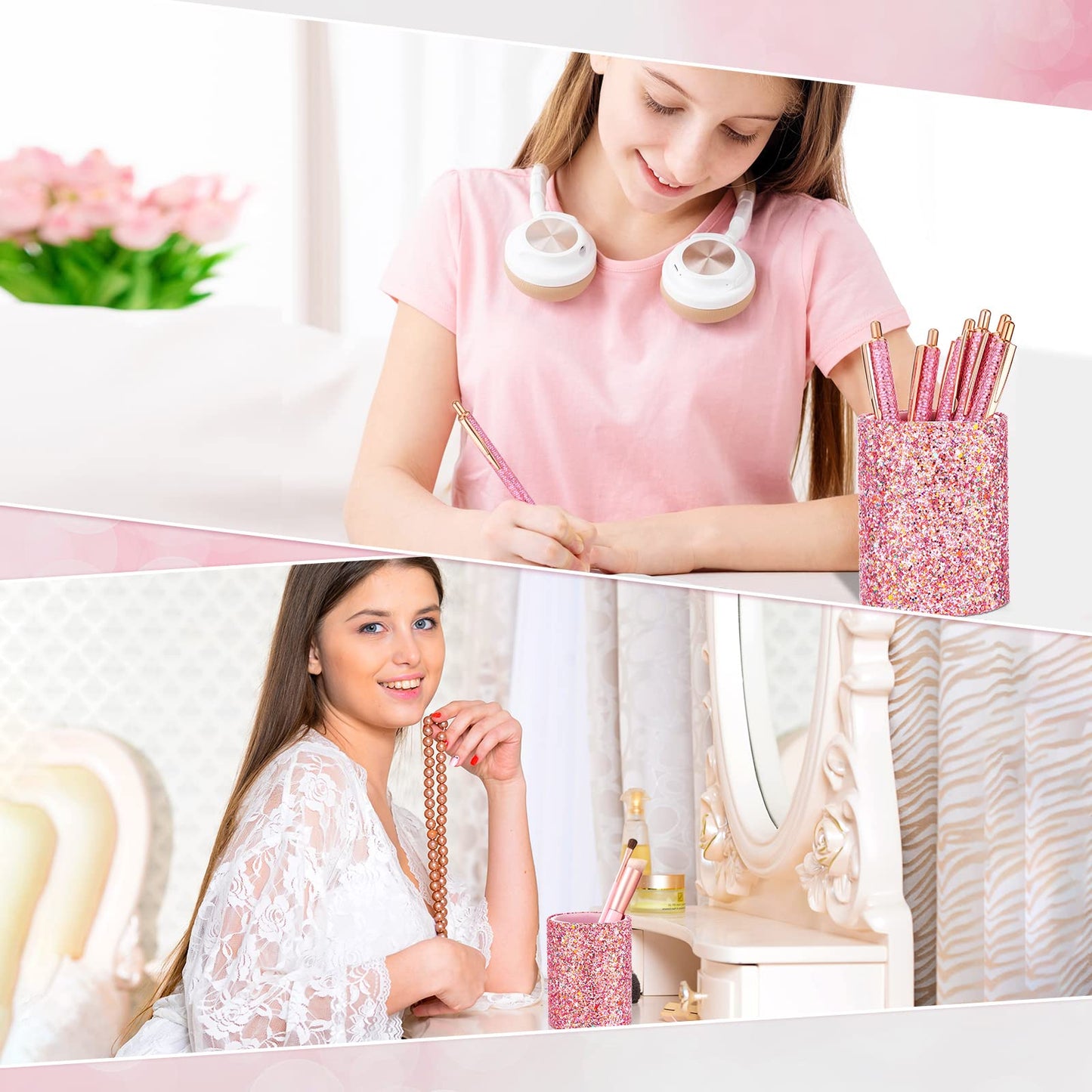 BBTO Bling Sequin Pen Holder with 6 Pcs Sequin Click Pens Cute Glitter Retractable Ballpoint Pens, Pencil Cups for Desk Organizer Makeup Brush Holder for Women Girls Classroom Offices(Pink)