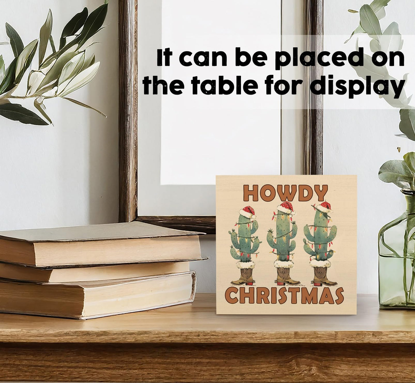 Nitelat Howdy Christmas Western Cactus Cowgirl Boots Wooden Box Sign, Country Christmas Wood Signs For Home Office Desk Shelf Table Decor, Western Decorations, 5x5 Inch