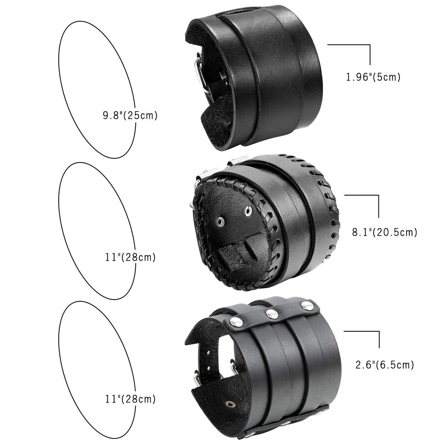 Cupimatch 3 Pcs Black Adjustable Leather Bracelet, Punk Rock Wide Leather Belt Cuff Bangle Wristband for Men for Father's Day