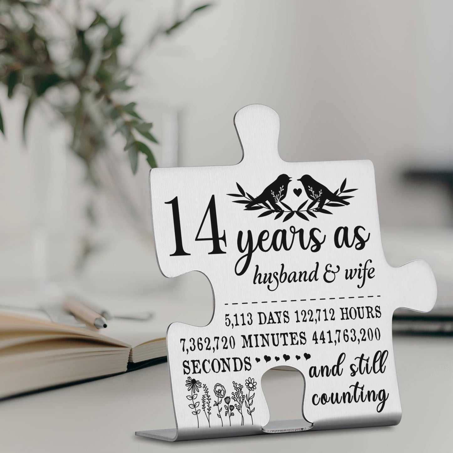 14 Years Anniversary Plaque Gift for Husband Wife, 14th Marriage Gift for Couple Ornament Decor Stainless Steel Puzzle Piece Decorative Signs Plaques YPP6