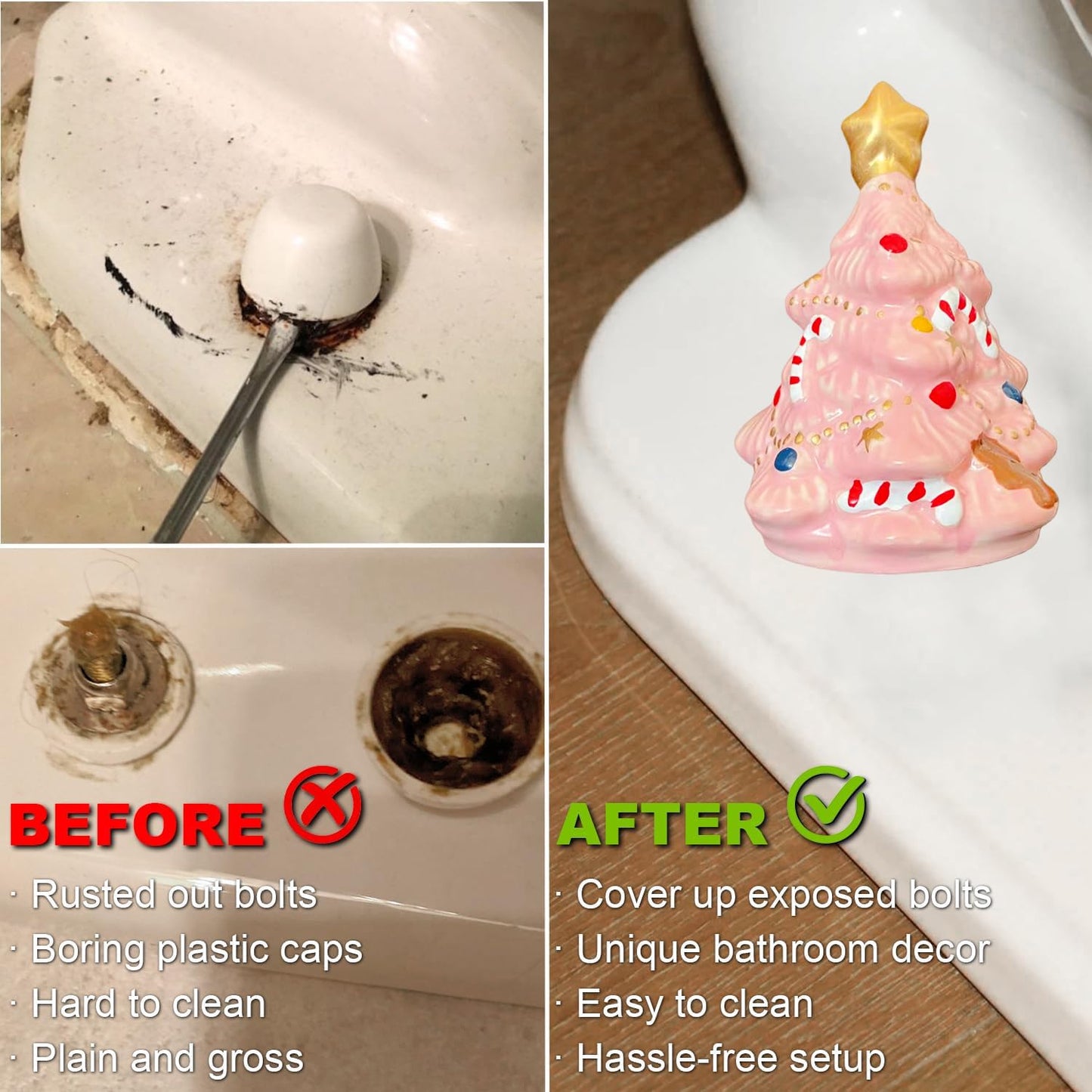 2Packs Christmas Tree Toilet Bolt Covers Decorative Tall Toilet Bolt Caps for Christmas Bathroom Decor, Toilet Caps for Bottom of Toilet, Ceramic Toilet Screw Cover Caps, Easy Installation (Pink)