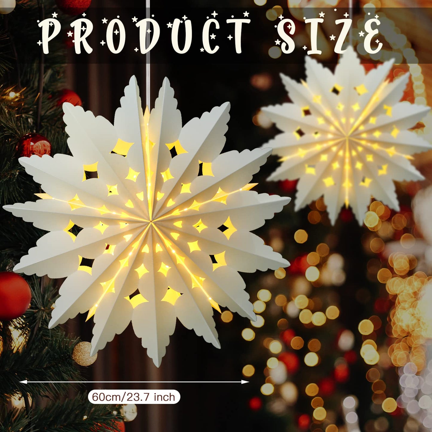 23.6 Inch Christmas Star Snowflake Paper Lantern with Light Timer Paper Lamp Party Supplies Hanging Decoration for Weddings Christmas Trees Birthday Holiday Party Celebration (Elegant Style)