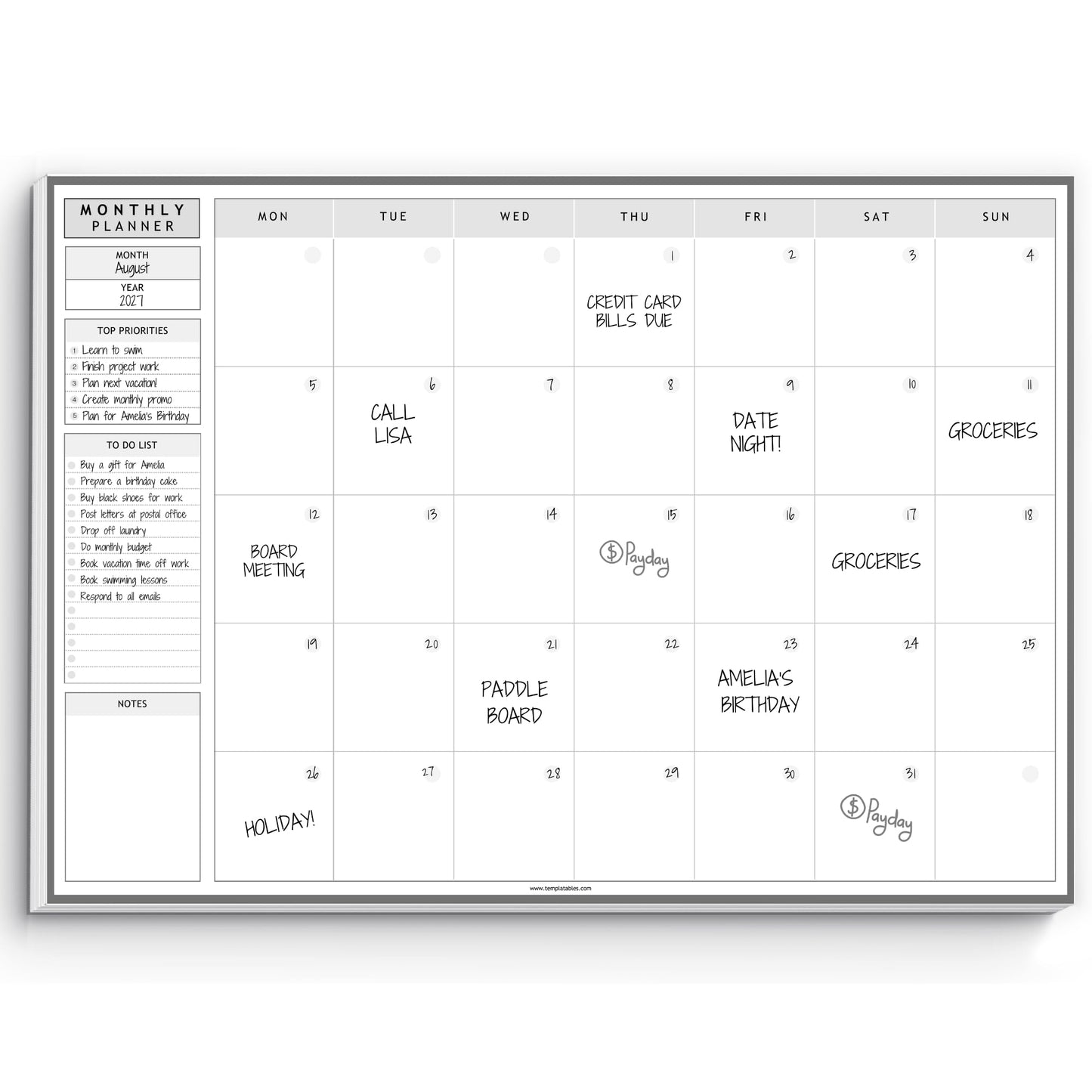 Templatables Monthly To Do List Notepad | Monthly Planner Desk Pad, Brain Dump, Organizer and Priority List | 50 Undated Tear Away Sheets | A4 (Mono)