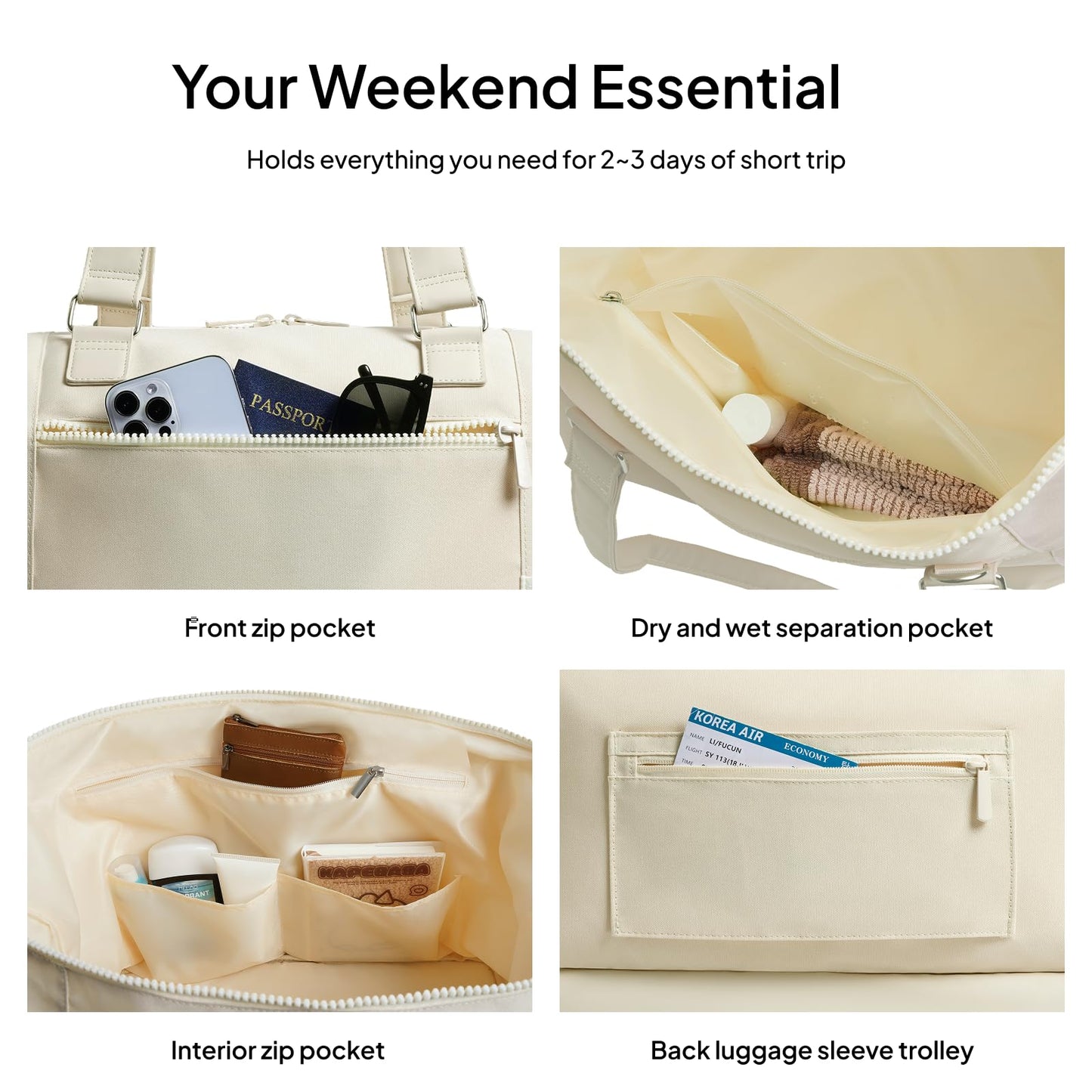 Travel Duffle Bag for Women, 40L Weekender Bags Airline Approved Carry On with Shoe Compartment & Waterproof Wet Pocket, Durable Nylon Weekender Overnight Bag for Travel, Gym, Business Trip, Beige