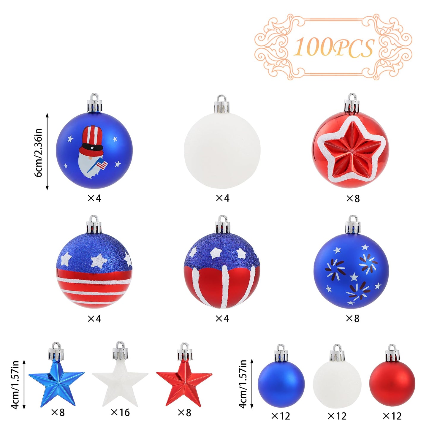 100Pcs 4th of July Tree Decorations Patriotic Ornaments, 2.36'' Memorial Day Red White Blue Ornaments and Star, Shatterproof American Hanging Ball Decor for Independence Day USA 250th Holiday
