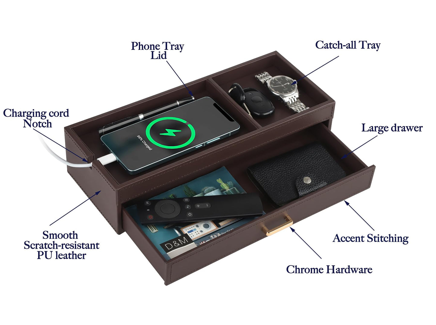 HofferRuffer Valet Jewelry Tray Organizer with Drawer, Faux Leather Storage Catchall Box Phone Charging Station Tray with Dresser Nightstand Desktop Drawer Organizer (Dark Brown)