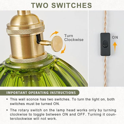 Plug in Wall Sconces Set of 2, Vintage Wall Sconce Light with Tulip Green Glass Lampshade, 180° Adjustable Wall Sconce with Switch and Plug in wall lamp Cord, Gold Wall Light Wall Decor Set of 2