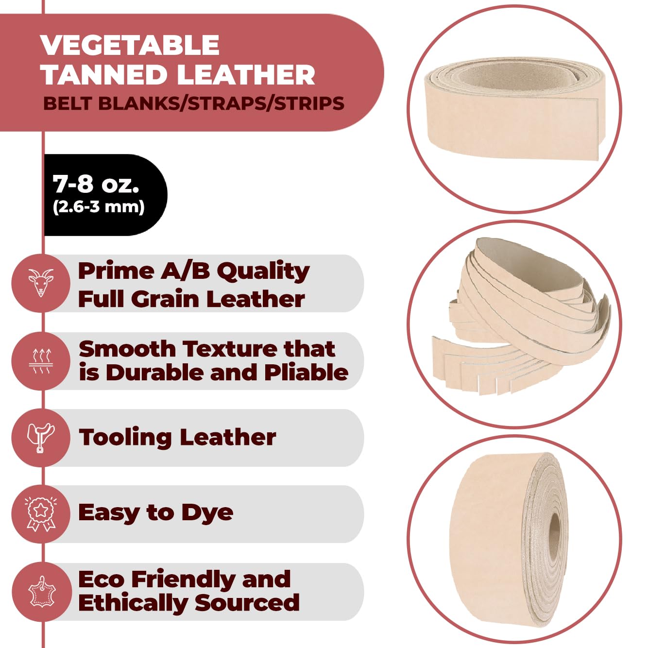 ELW Leather Strap, 7-8 Oz, 1.5 inch Wide x 40", Cowhide Veg Tan Leather Belt Blank, Leather Strips, Tooling Leather, Tan Straps for Crafts, Belt Making & Crafting Blank Hide
