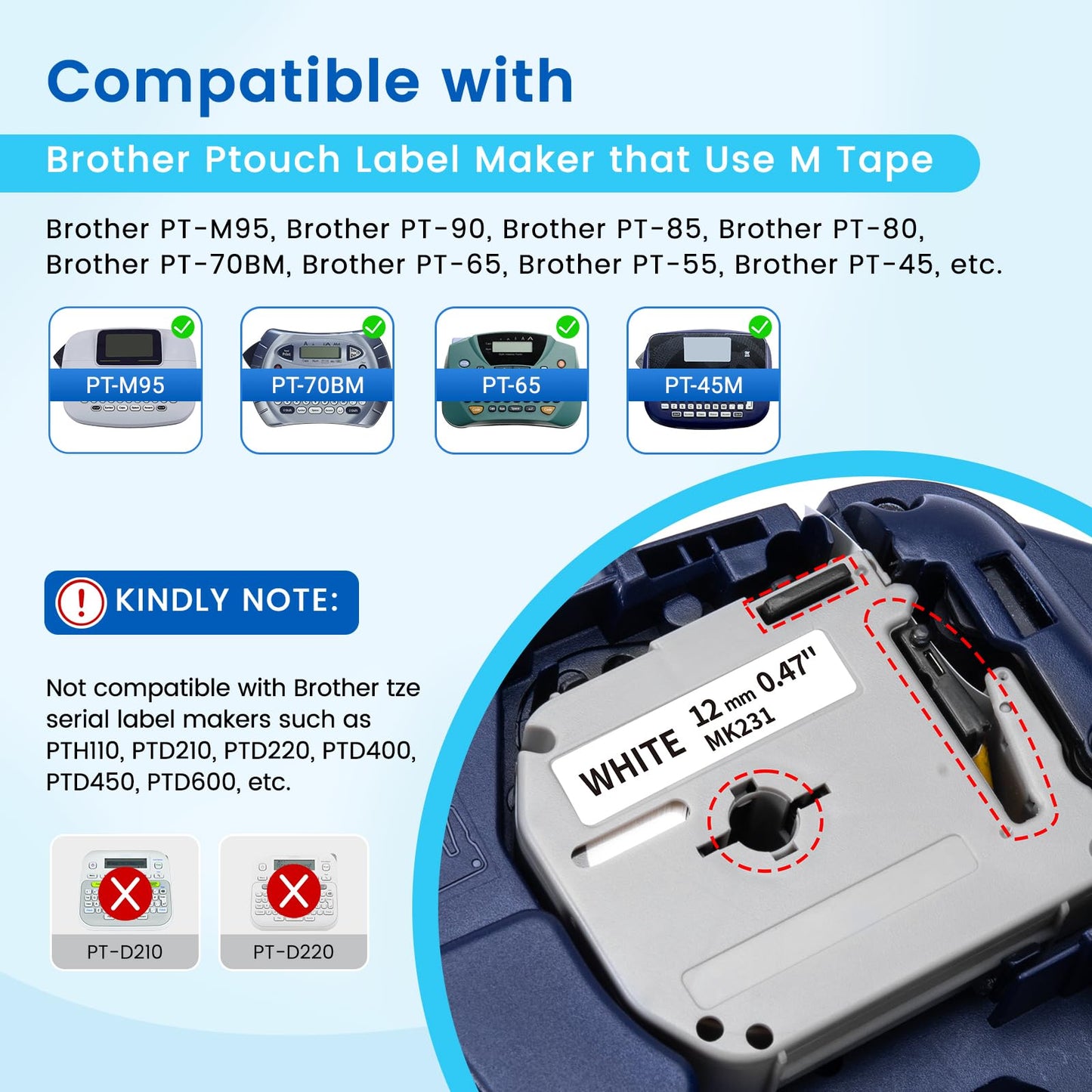 Labelife M-K231 PTM95 Label Tape Replace for Brother M Tape P Touch M-K231S M231 MK231 M-231 12mm 0.47 Inch for Brother PTouch PT-M95 PT-65 PT-80 PT-70 PT-45 PT-90 Label Makers, Black on White, 4 Pack