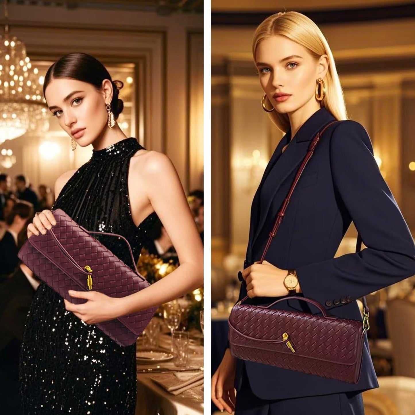 Qiannaura Formal Clutch Purses for Women Evening Woven Leather Large Clutch for Weddings & Parties | Convertible Shoulder Bag, Dark Green