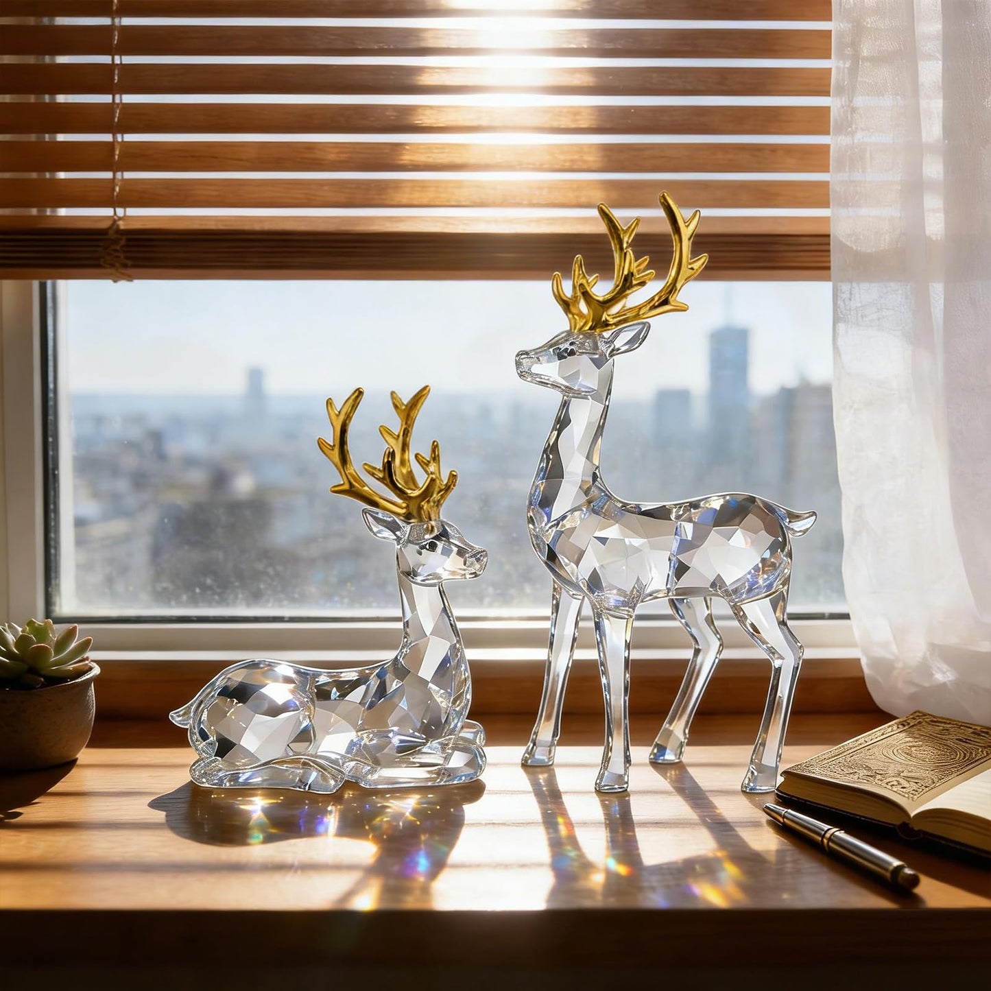 EverZenHub Christmas Reindeer Figurines, Set of 2 Resin Deer Statues - Handcrafted Holiday Tabletop Decor for Mantel, Shelf, Cabinet | Elk Sculpture Home Décor Gift