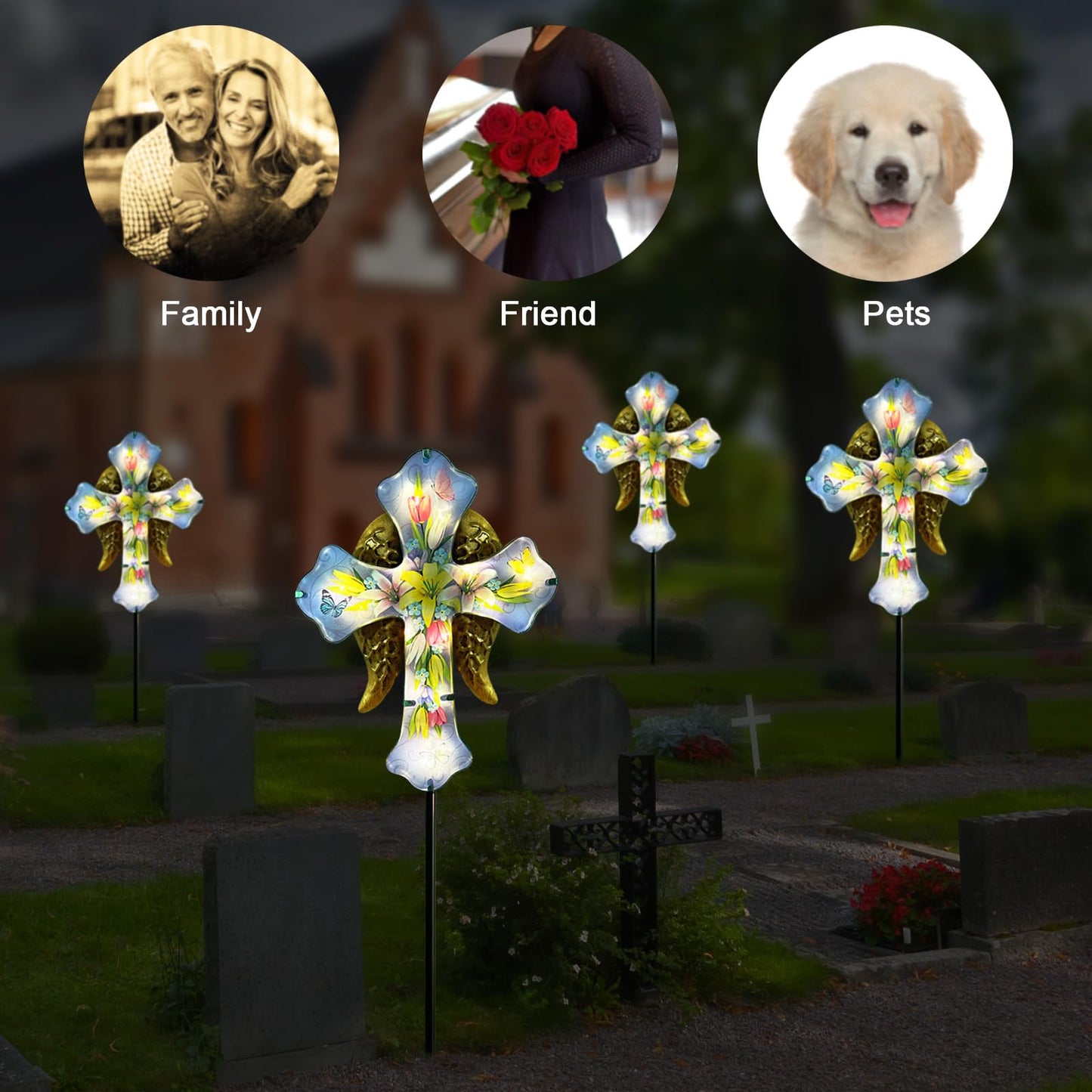Solar Cross Garden Stakes for Graves,Lily Cemetery Decorations Yard Patio Decor,Golden Angel Wings Cross Lights Outdoor,Remembrance Gifts