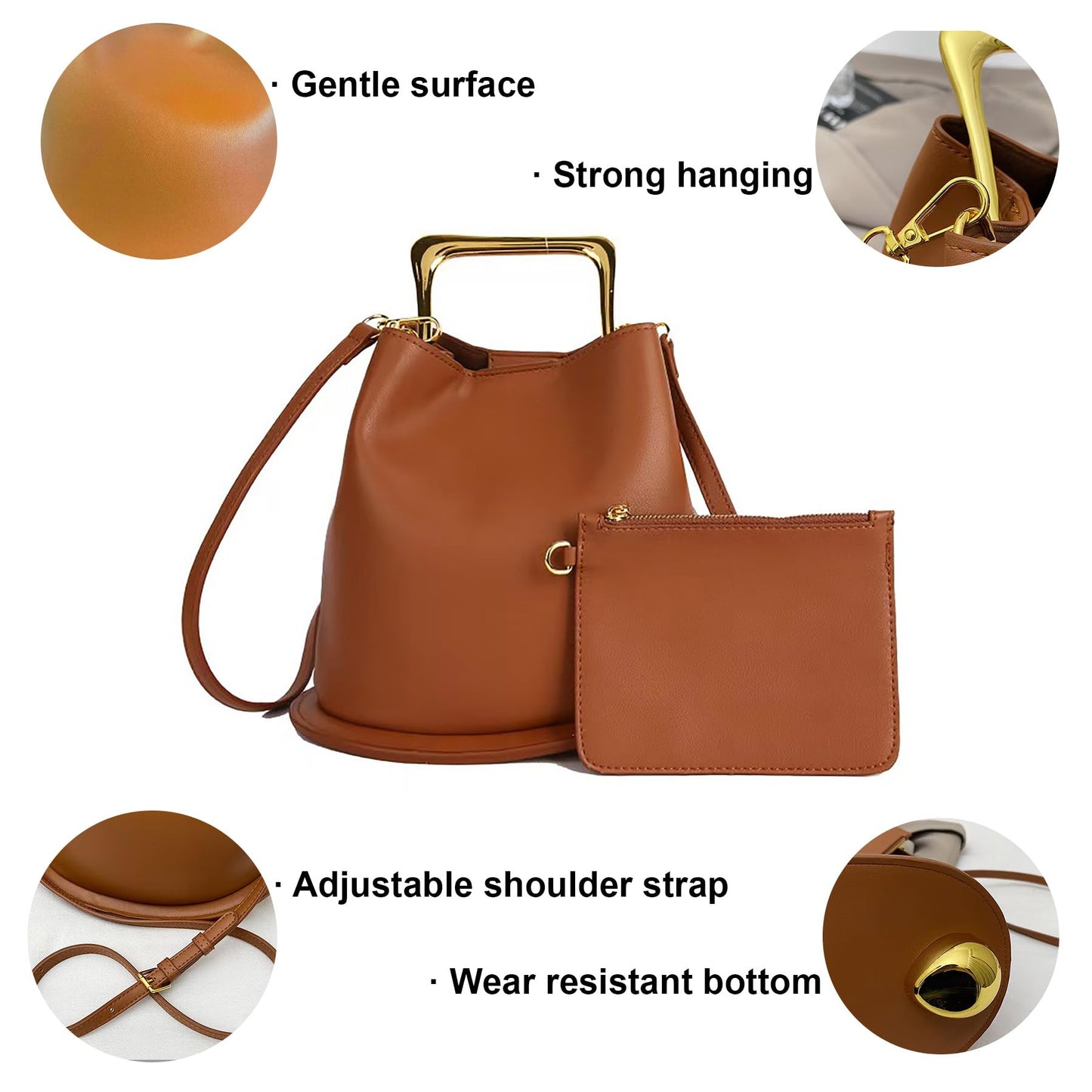 ZGRJSZDD Women Genuine Leather Handbag Crossbody Shoulder Purse Top Handle Bucket Bag, B Coffee