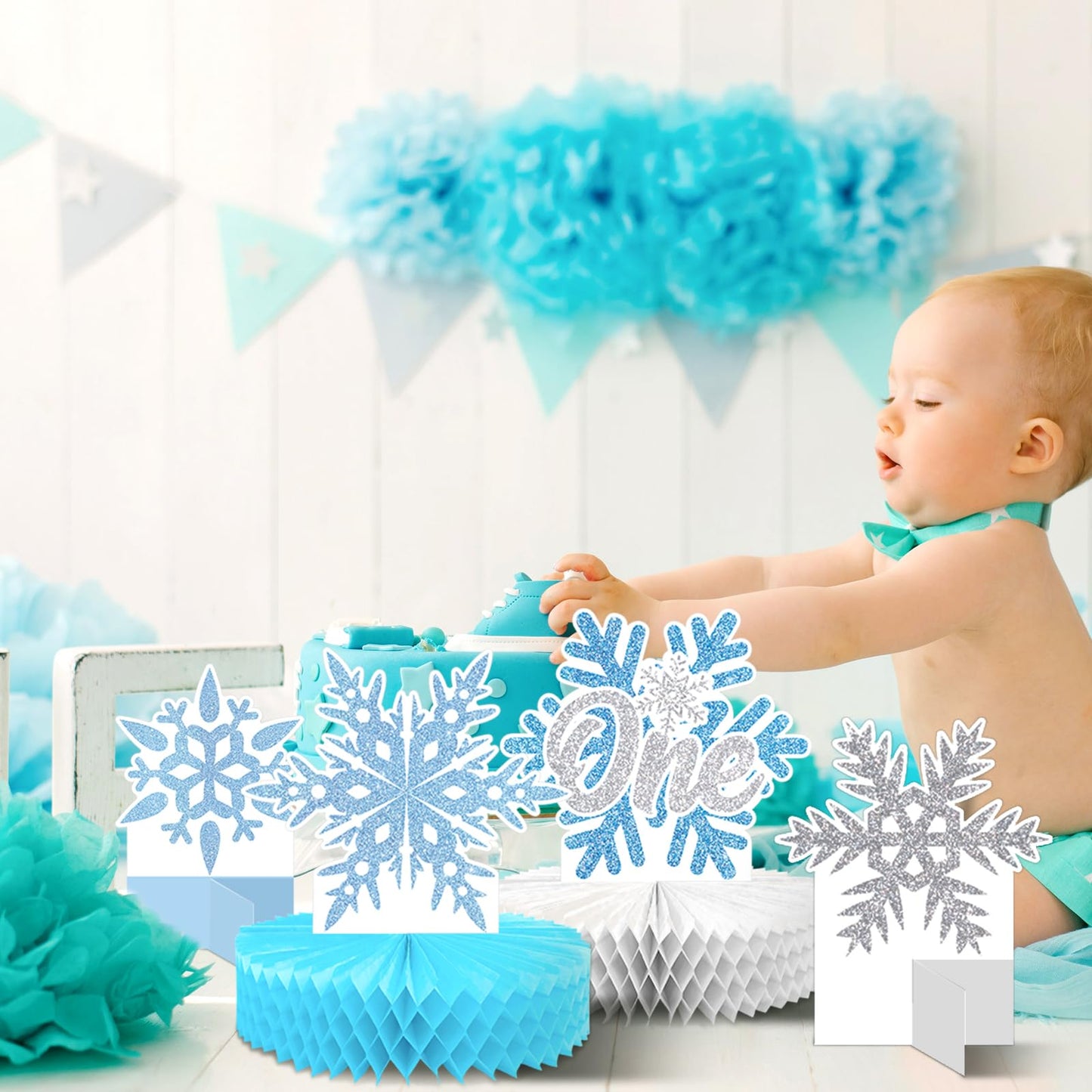 Lincia 12 Pcs Winter Onederland 1st Birthday Decorations Snowflake Honeycomb Blue Wonderland Table Centerpieces for Birthday Party Supplies