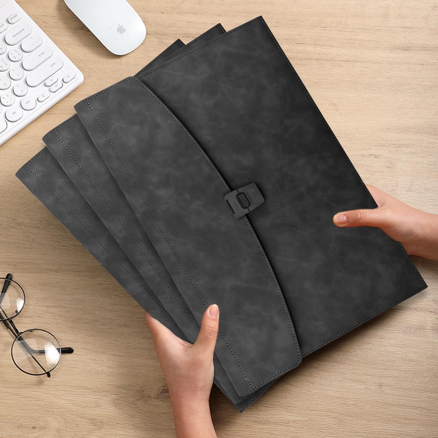 VANRA File Folder Document Holder Faux Leather Portfolio Filing Envelopes, Dampproof Document Folder with 2 Pockets A4/Letter Size Paper Organizer Case with Buckle Closure (Black)