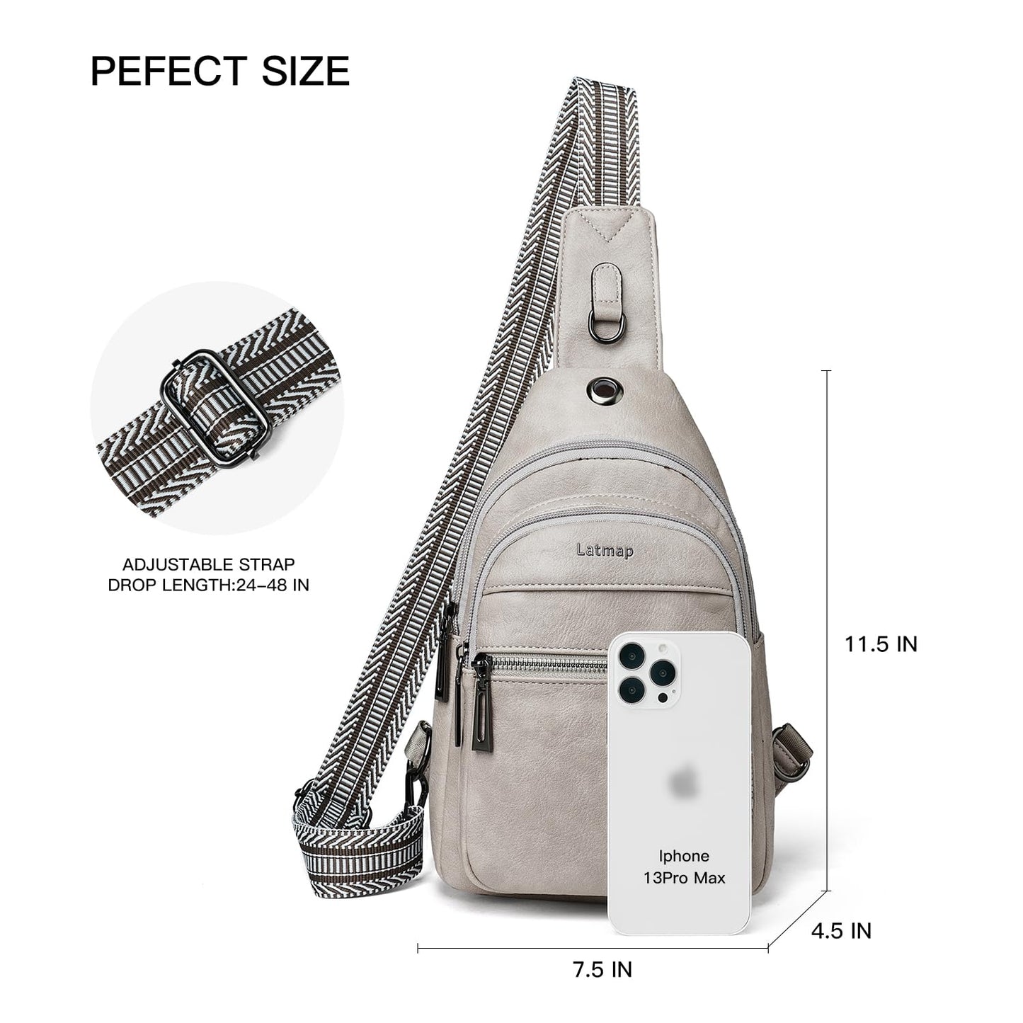 LATMAP 7L Sling Bag For Women Faux Leather Anti Theft Small Casual Daypack Backpack Fanny Pack Crossbody Chest Bags Purse Waterproof Light Grey