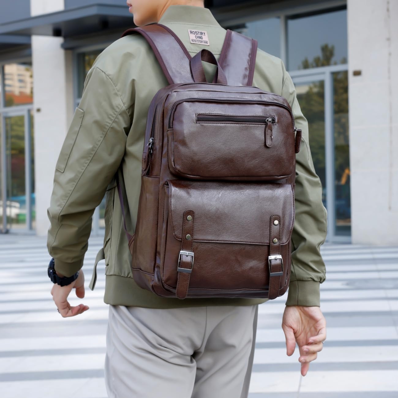 ORILOOSEN PU Casual Backpack，Men Women casual Leather laptop backpack，Daily commuter leather backpack，work bag (Brown)