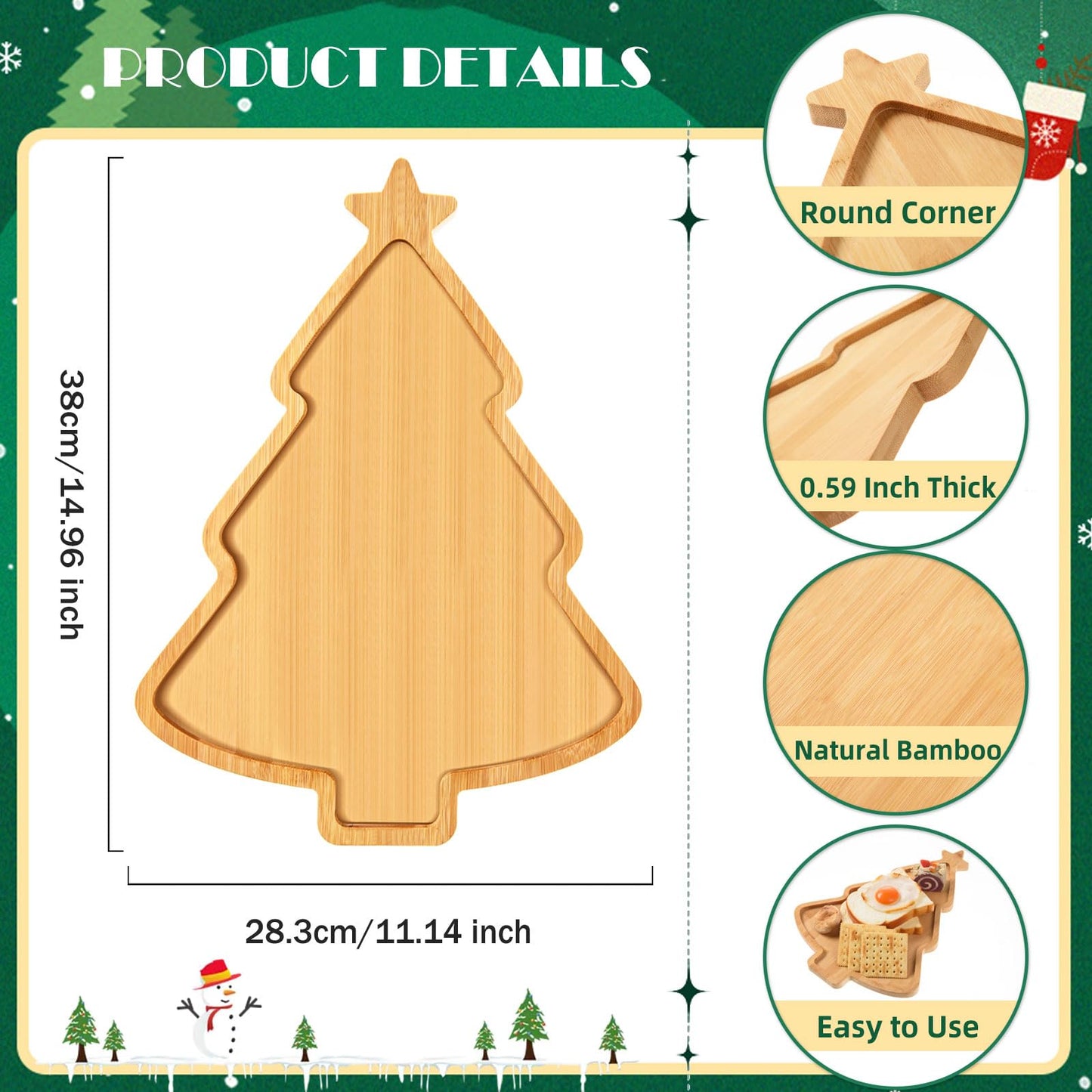 AWIZOM Christmas Tree Wooden Serving Tray Bamboo Platter Wooden Snack Cheese Charcuterie Board for Xmas Holiday Housewarming Present, 14.96x11.14x0.59