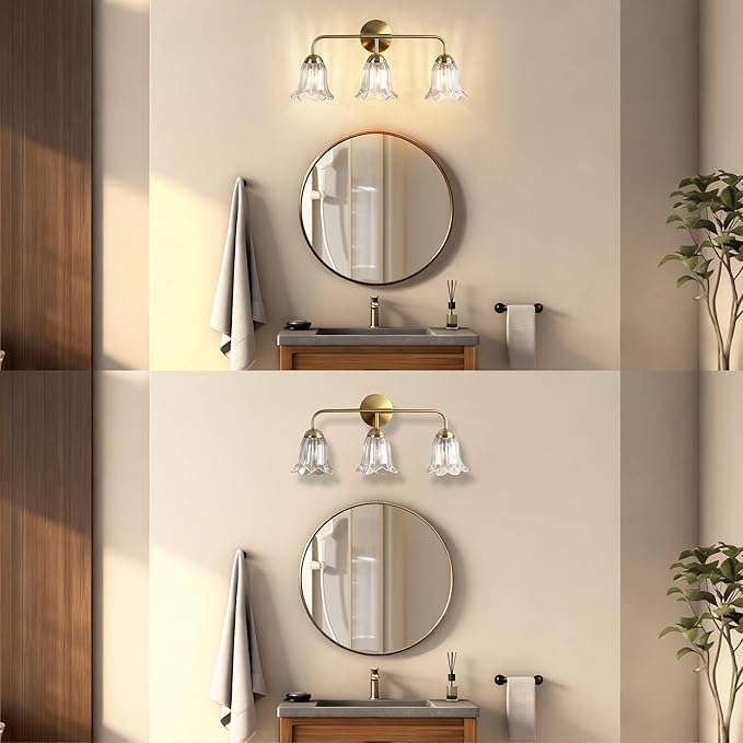 3-Lights Bathroom Vanity Light, Gold Vintage Bathroom Light Fixtures, Matte Antique Brass Finish with Crystal Glass Shade, Wall Sconces Lighting for Living Room, Bedroom, Hallway（E12 Base）