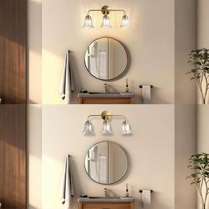 3-Lights Bathroom Vanity Light, Gold Vintage Bathroom Light Fixtures, Matte Antique Brass Finish with Crystal Glass Shade, Wall Sconces Lighting for Living Room, Bedroom, Hallway（E12 Base）