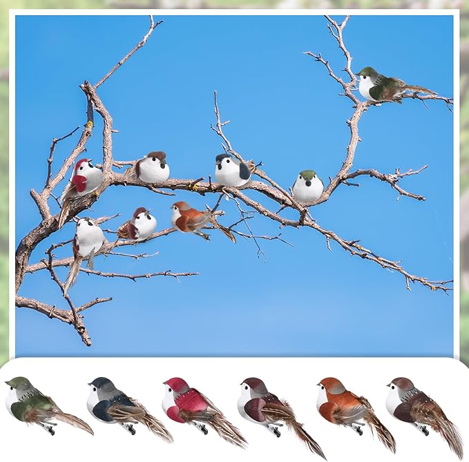 24 Pieces Fake Birds 3.9 Inch Foam Feather Artificial Birds Decorative Sparrow Realistic Ornaments for Christmas Tree Decoration Wreaths Craft Seasonal Displays(Multicolor,Sparrow)