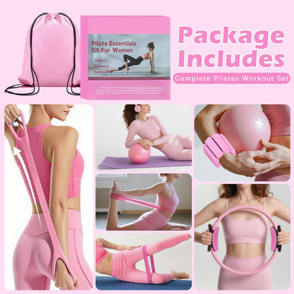 VIOXIA Pilates Kit for Home Workouts – Pilates Equipment Set with Ring, Ball, Resistance Bands, Pilates Accessories, Pilates Essentials Kit for Women, Pilates Sets for Home Exercise（Pink）