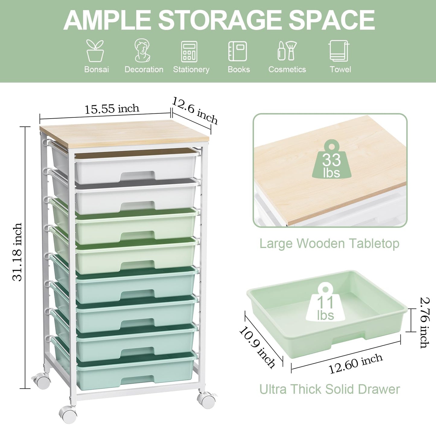 Rolling Storage Utility Cart Organizers with 8 Drawers and Wooden Tabletop for Living Room,Office,Classroom,Craft Room,Bedroom,Dorm,Green