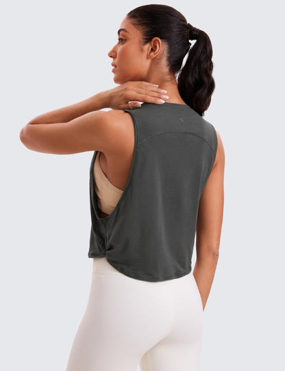 CRZ YOGA Pima Cotton Large Armhole Tank Tops for Women - Workout Sport Athletic Yoga Running Gym Loose Crop Sleeveless Shirts Grey Olive Large