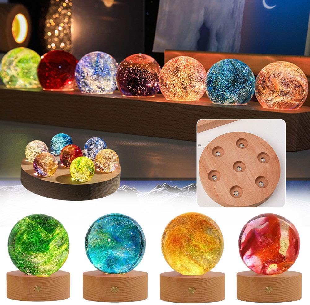 Huniruyo 7 Chakra Natural Healing Spheres with LED Wooden Stand 40mm Crystal Quartz Stones for Meditation Attracts Lucky Night Light Decoration Balls Set for Home Office (Cup Dolly)
