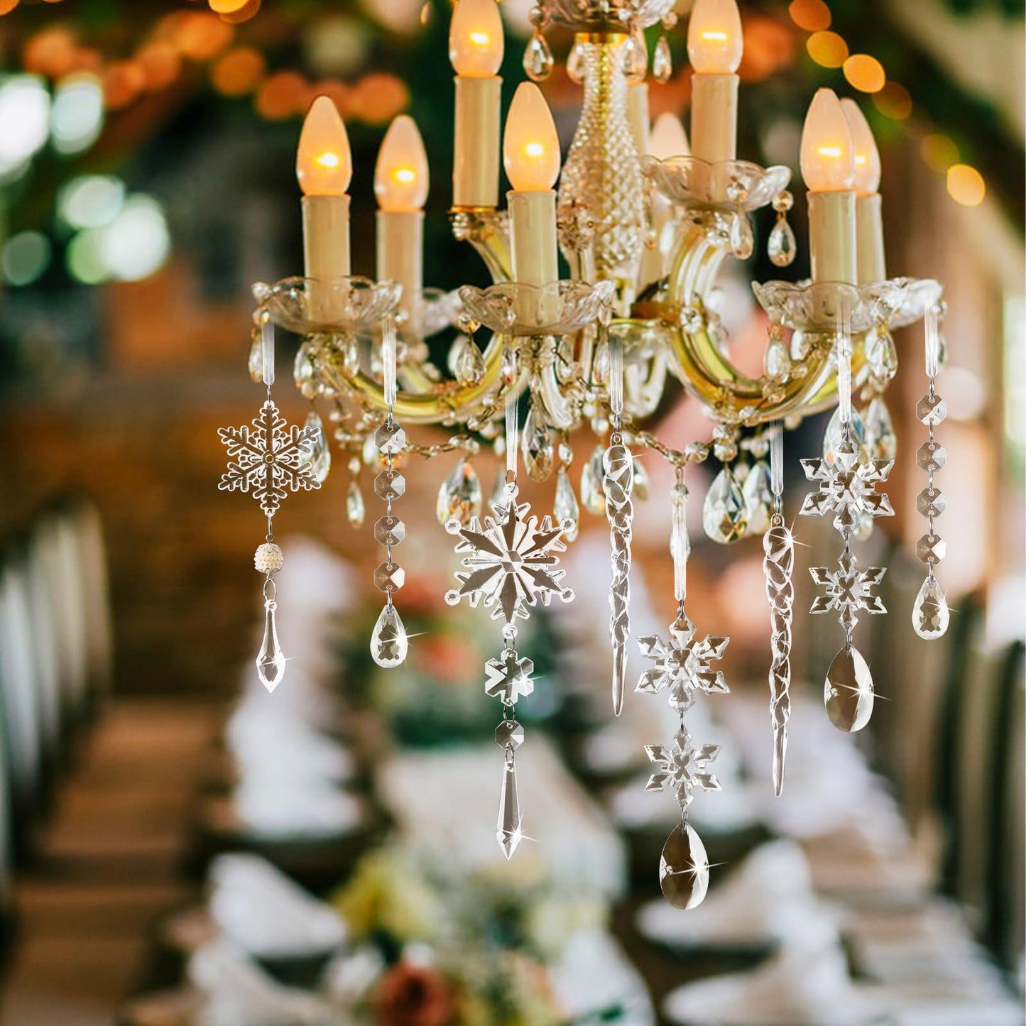 PPRAFDD 18PCS Clear Christmas Snowflake Icicle Hanging Ornaments Acrylic Crystal Christmas Tree Decorations with Drop Pendants for Xmas Winter Wonderland New Year Party Supplies