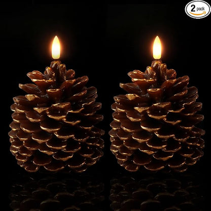 Homemory 2 Pcs LED Pine Cone Candles, Flameless Candles with 6H Timer, Battery Operated Flickering Candle, Real Wax Pinecone Candles for Christmas Indoor Decoration, Brown(D4.3 x H6 Inch)