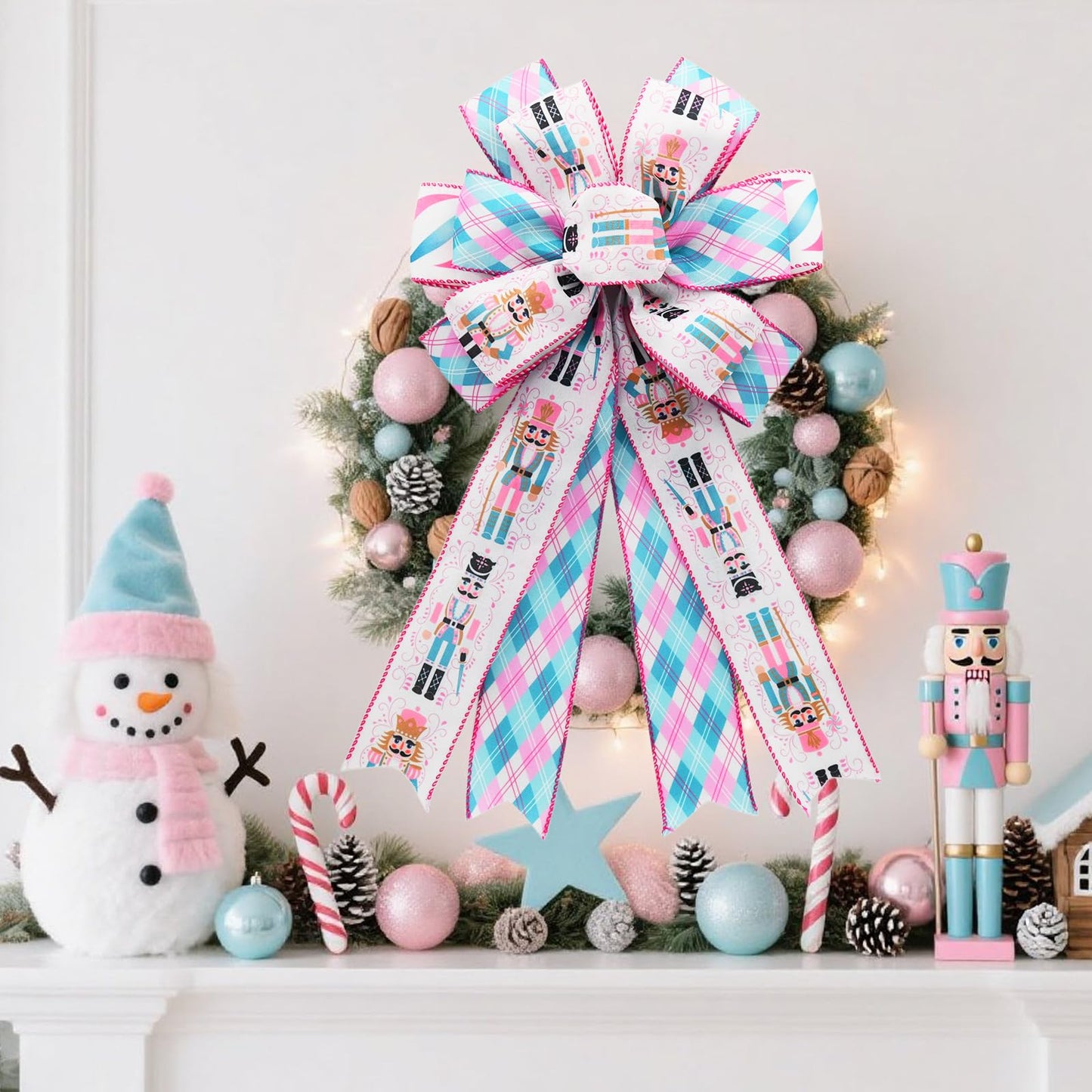 CRAFLOX Pastel Christmas Nutcracker Wired Ribbon for Wreath Bows, 3 Rolls, 2.5″ Wide, 15 Yards Total, Pastel Pink & Blue Check Wired Edge Ribbon for Crafts Supplies, DIY Bows