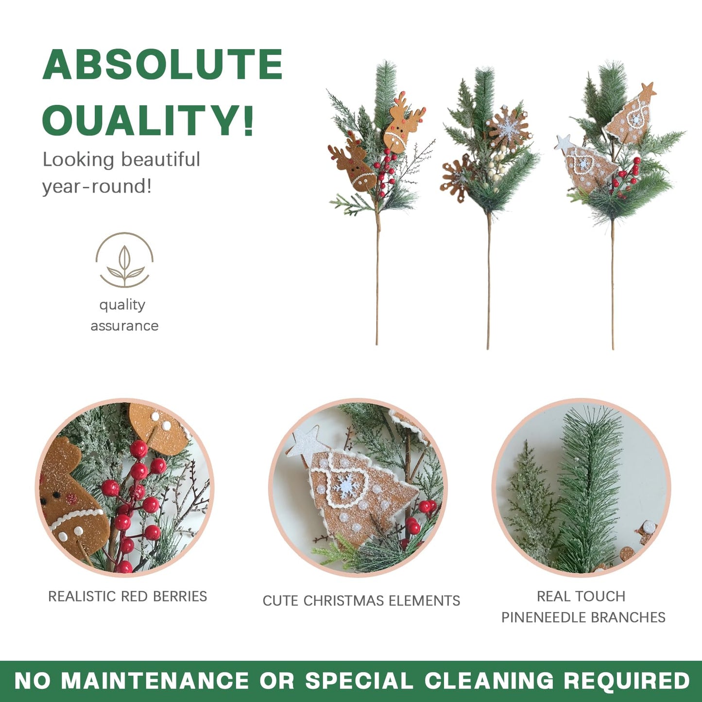 TEMPUS 6 Pcs Christmas Tree Ornaments 26 Inch Pine Needle Branches with Felt Reindeer Snowflakes Christmas Table Centerpiece Winter Home Decor DIY Crafts for Vase Filler Wreath Decor