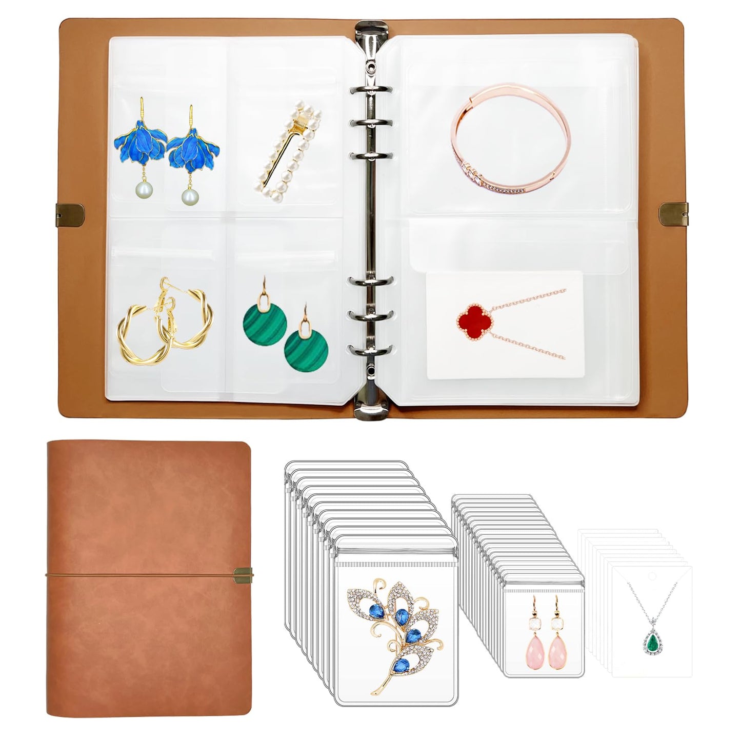 Jewelry Storage Book, Travel Jewelry Organizer with Anti-drop Pockets, Portable PU Leather Earrings Album with Transparent Bags for Rings, Bracelets(70 Grids+70 Anti-Oxidation Bags+10 Necklace Cards)