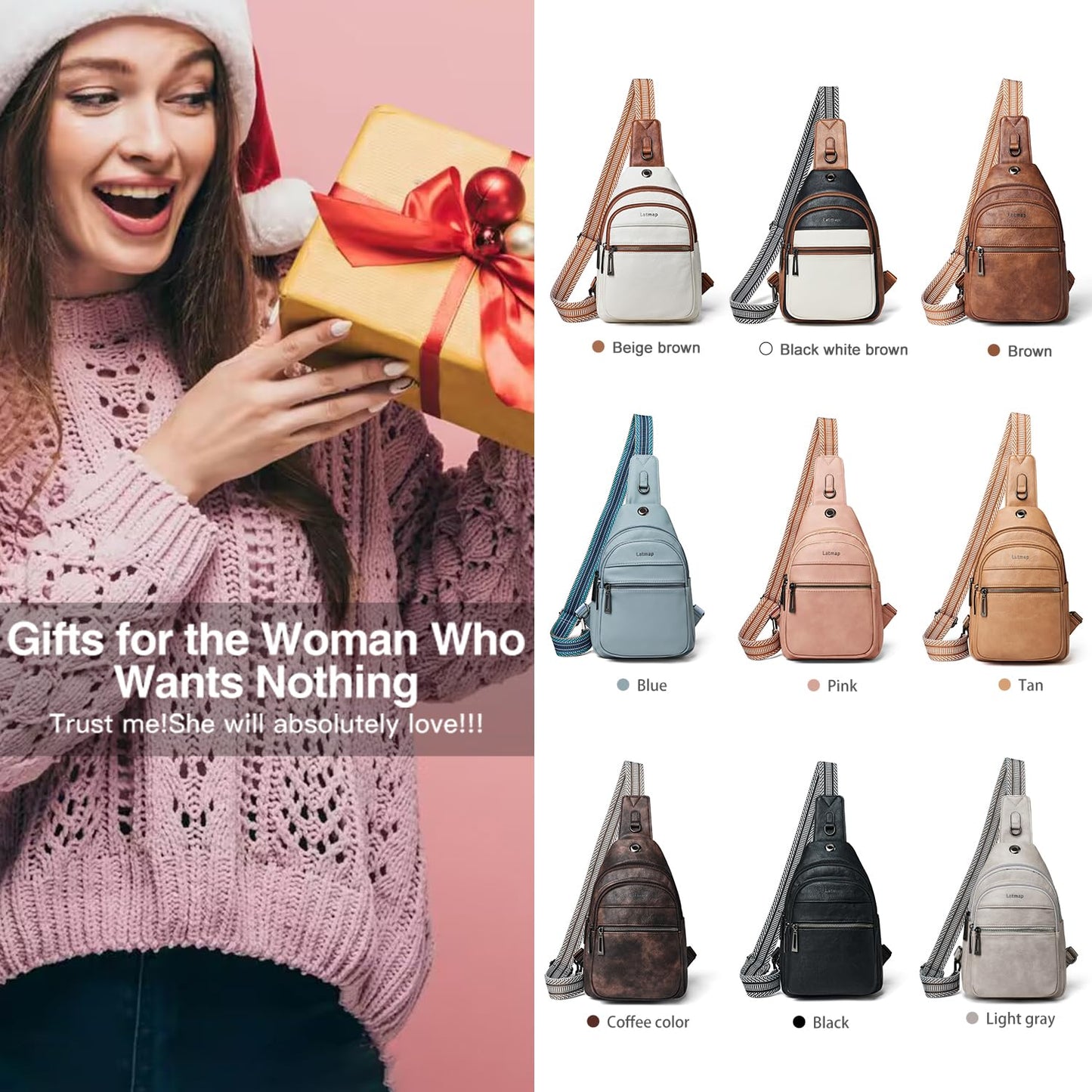 LATMAP 7L Sling Bag For Women Faux Leather Anti Theft Small Casual Daypack Backpack Fanny Pack Crossbody Chest Bags Purse Waterproof Brown