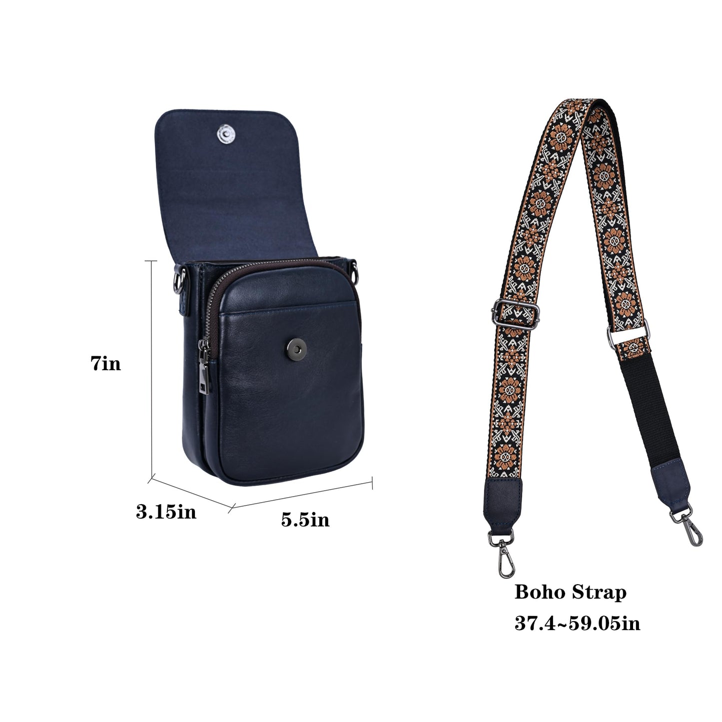 HESHE Leather Small Crossbody Bags for Women RFID Blocking Cell Phone Purse Anti-Theft Travel Bag with wide Straps (Navy Blue)