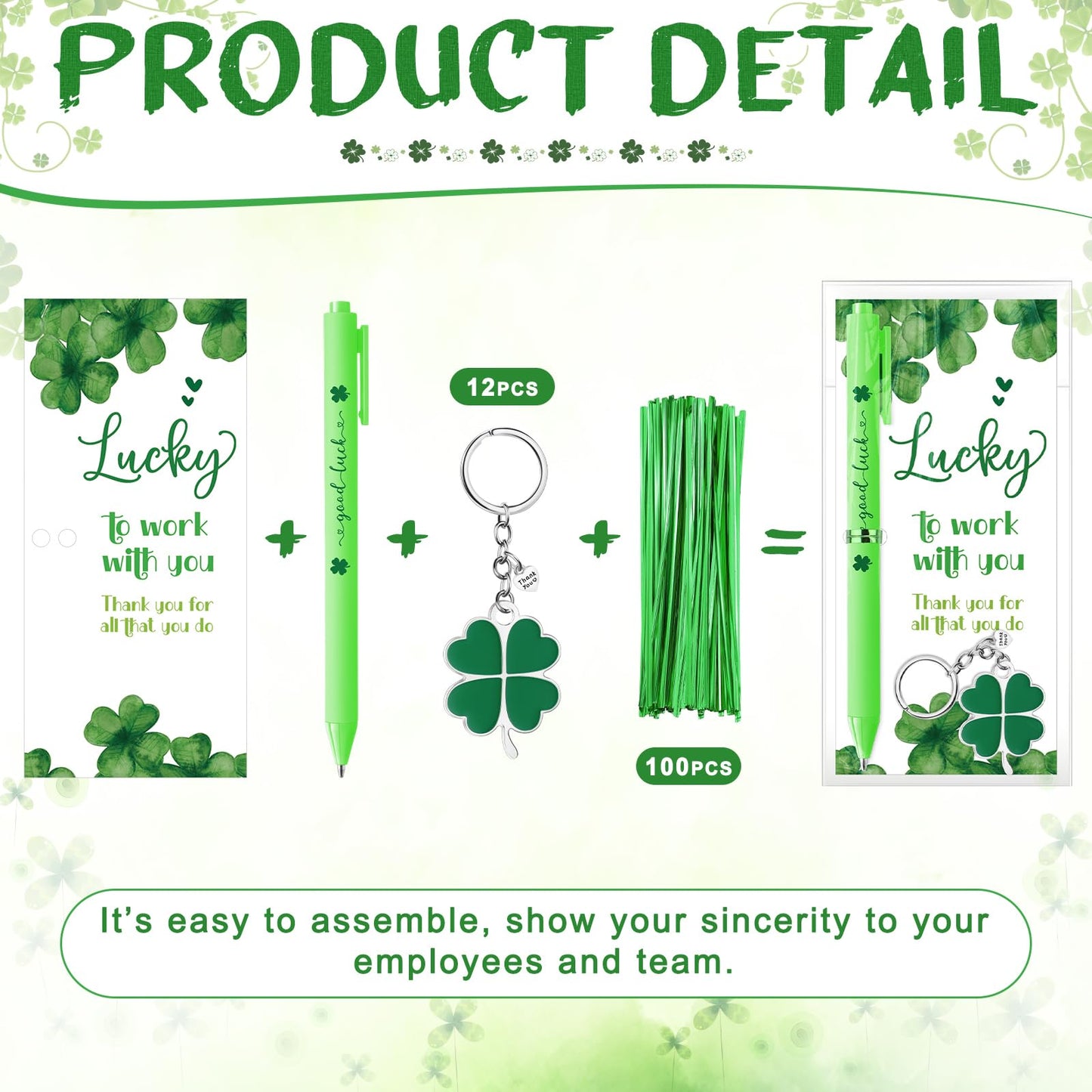 Fullhawl 12 Sets Shamrock Pen Gifts Bulk for Employee Good Luck Ballpoint Pens Clover Keychains with Thank You Cards for Teacher End of Year Team Staff Coworker Graduation