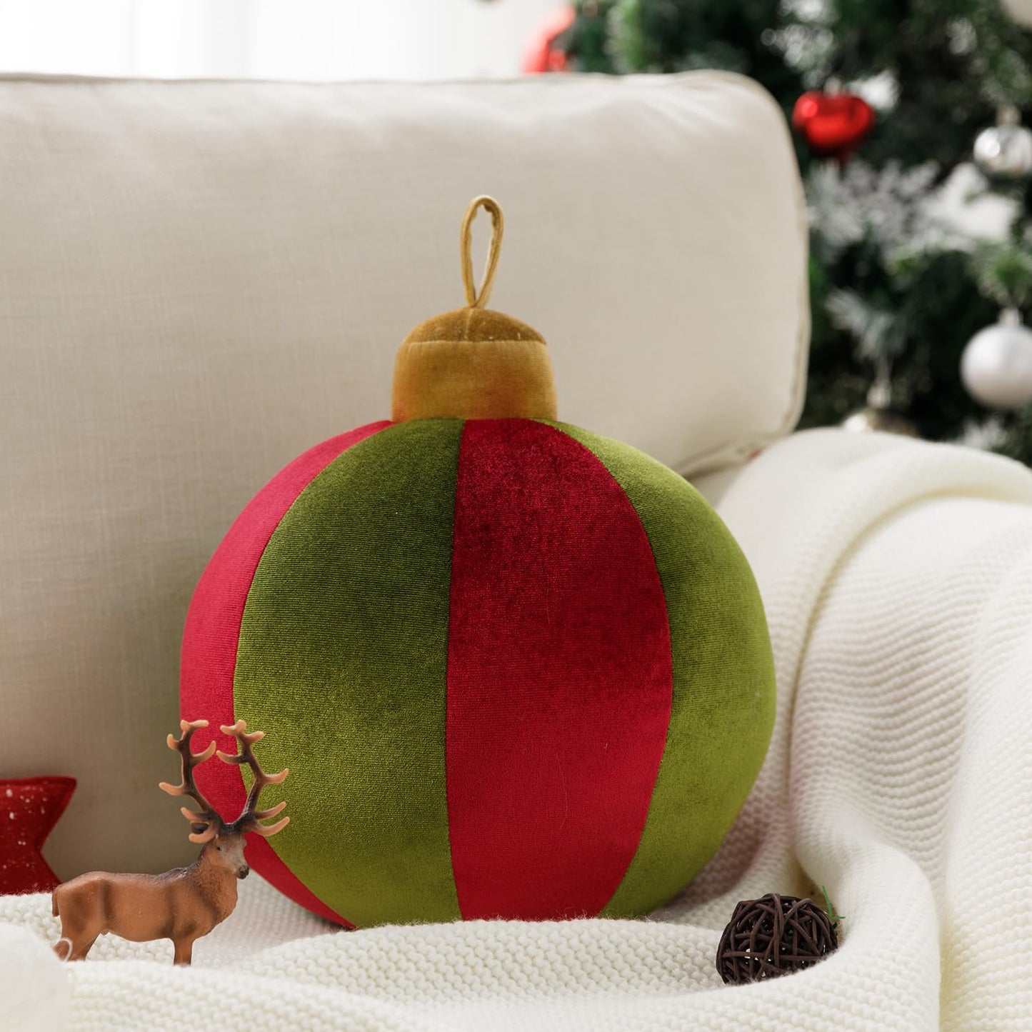 Ashler Merry Christmas Bell-Shaped Pillow, 11x11 Inch Velvet Hangable Decorative Holiday Pillow for Xmas Tree, Couch, Living Room, Bed, Red