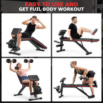 Fostoy Foldable Workout Bench, Adjustable Weight Bench for Home Gym, Multi Functional Gym Bench w/Leg Extension &Preacher Pad, Extra Headrest, Fast Folding Strength Training Incline Sit up Bench 800LB
