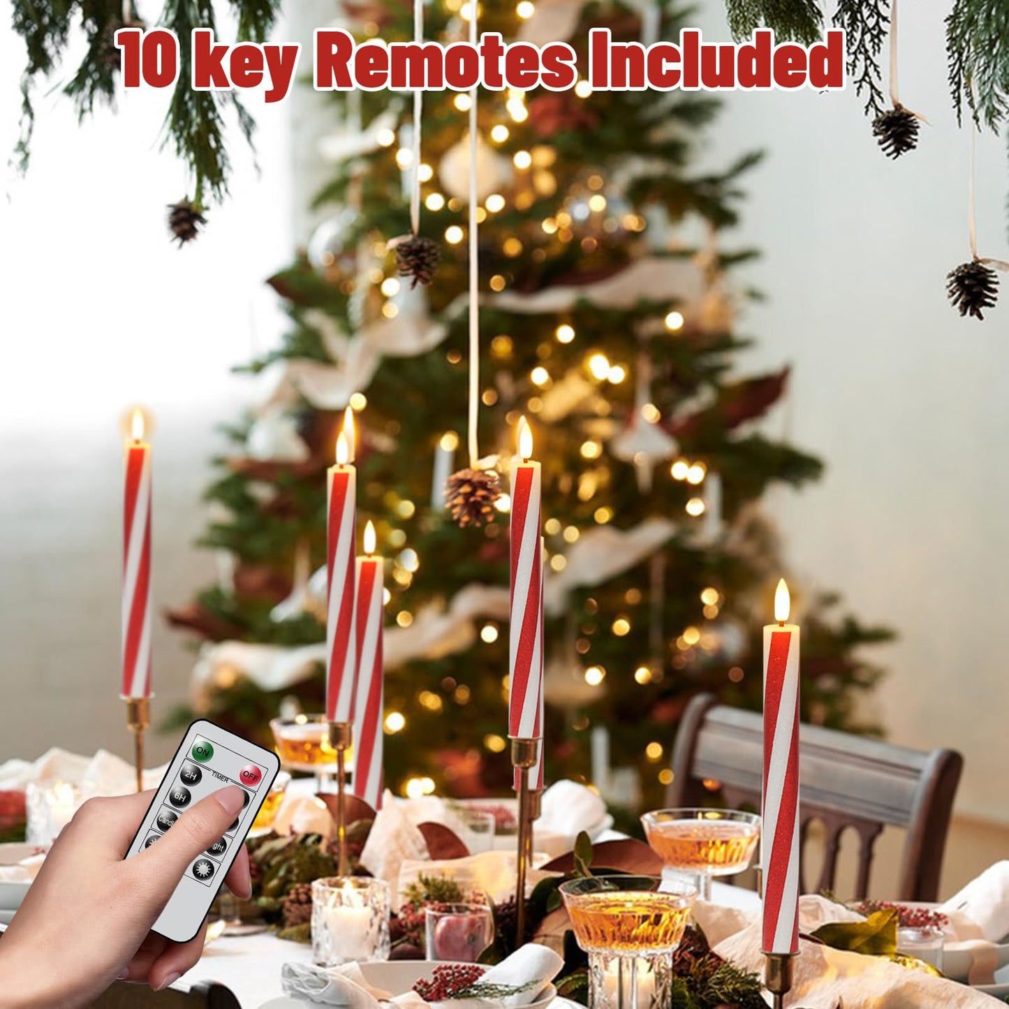 Wondise Christmas Flameless Taper Candles with Remote Timer, Battery Operated Candy Cane Candles Real Wax 3D Wick LED Christmas Candle for Xmas Centerpiece Thanksgiving Holiday Decor