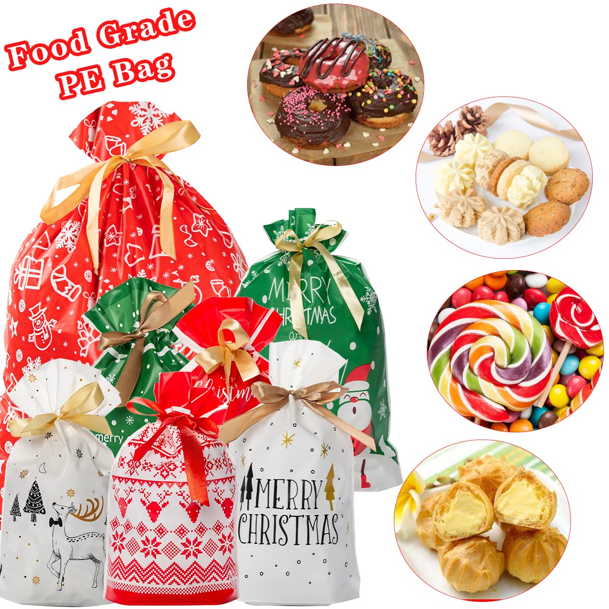 Happy Storm Christmas Drawstring Gift Bags 30PCS Assorted Styles Christmas Drawstring Wrapping Goody Sweet Treat Candy Bags for Xmas Birthday Party Supplies Favors