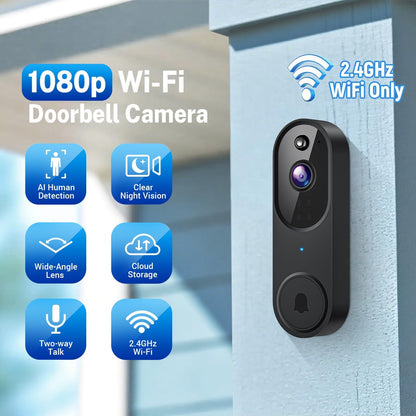Wireless Wi-Fi Video Doorbell Camera with AI Motion Detection, 2 Way Audio, Night Vision, Cloud Storage, 2.4GHz Wi-Fi Only, Battery Powered