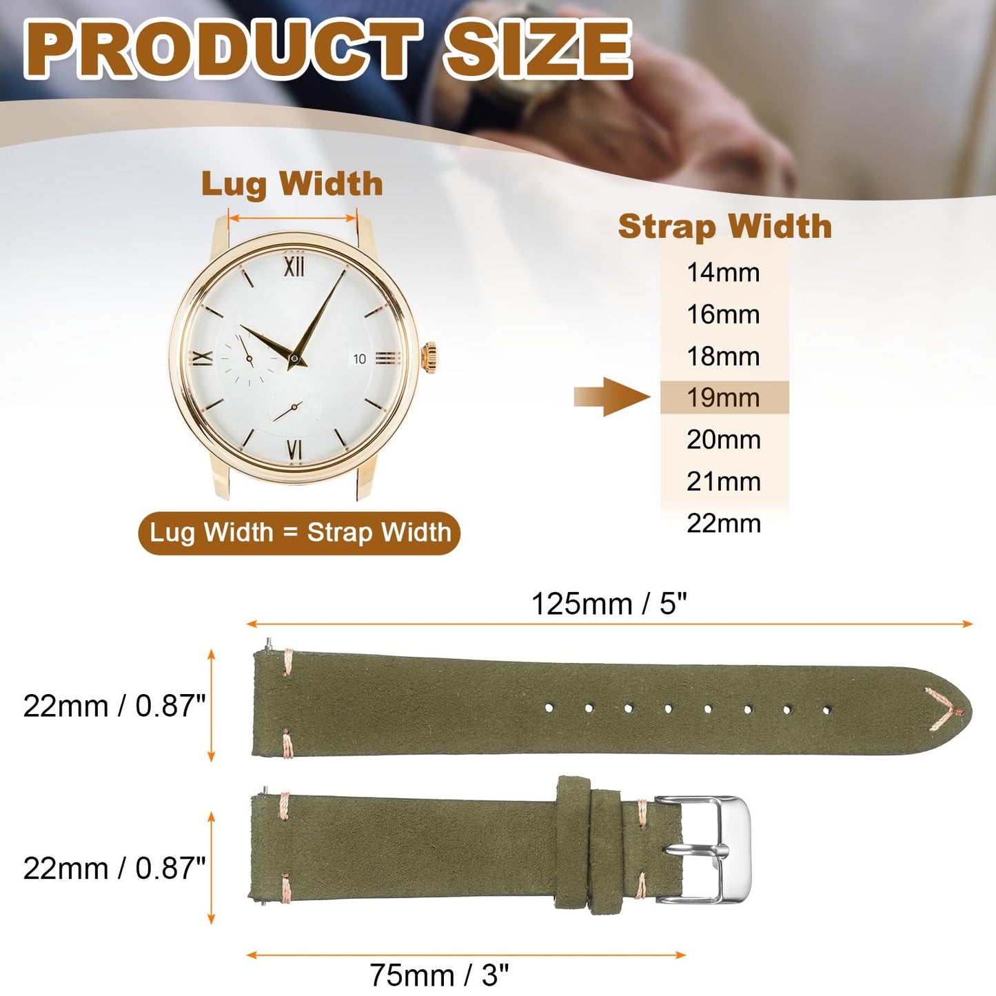 HARFINGTON Leather Watch Band 19mm Width Watch Strap Top-Grain Suede Cowhide Wrist Bands Replacement with Stainless Steel Buckle for Men Women, Dark Green
